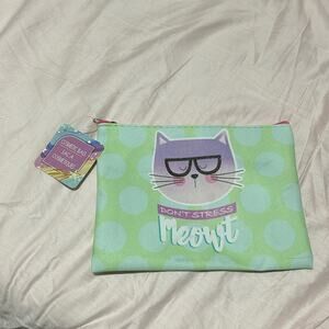 makeup cosmetic bag green with cat Don’t stress meow it nwt
